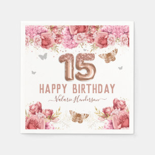 Floral Butterflies Pink Happy 15th Birthday Napkin