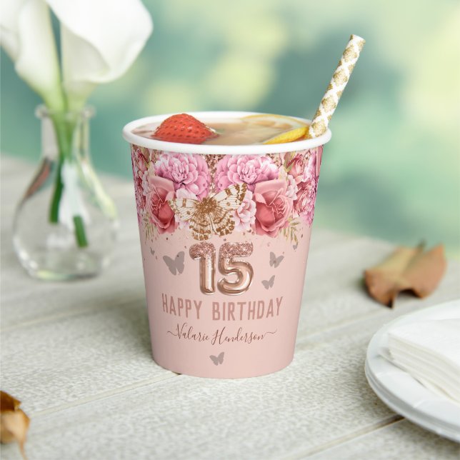 Floral Butterflies Pink Happy 15th Birthday Paper Cups (Insitu)