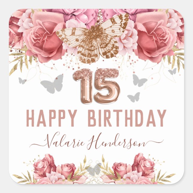 Floral Butterflies Pink Happy 15th Birthday  Squar Square Sticker (Front)