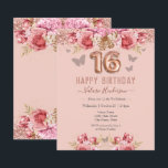 Floral Butterflies Pink Happy 16th Birthday<br><div class="desc">Girly glitter,  millennial pink background,  with fancy script name typography. Faux rose gold 16 balloon text. Pink Roses and butterfly top border. Great for sweet 16 celebrations.</div>