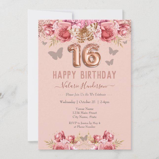 Floral Butterflies Pink Happy 16th Birthday (Front)