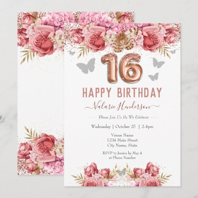 Floral Butterflies Pink Happy 16th Birthday (Front/Back)