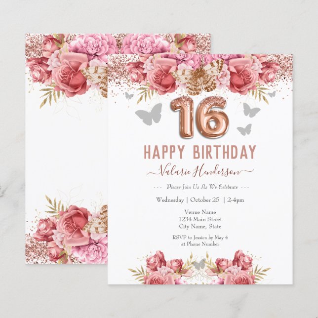 Floral Butterflies Pink Happy 16th Birthday (Front/Back)