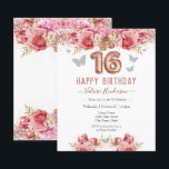 Floral Butterflies Pink Happy 16th Birthday<br><div class="desc">Girly glitter with fancy script name typography. Faux rose gold 16 balloon text. Pink Roses and butterfly top border. Great for sweet 16 celebrations.</div>