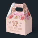 Floral Butterflies Pink Happy 16th Birthday Favor Box<br><div class="desc">Girly glitter,  millennial pink background,  with fancy script name typography. Faux rose gold 16 balloon text. Pink Roses and butterfly top border. Great for sweet 16 celebrations.</div>