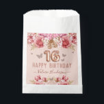 Floral Butterflies Pink Happy 16th Birthday Favour Bag<br><div class="desc">Girly glitter,  millennial pink background,  with fancy script name typography. Faux rose gold 16 balloon text. Pink Roses and butterfly top border. Great for Sweet 16 celebrations.</div>
