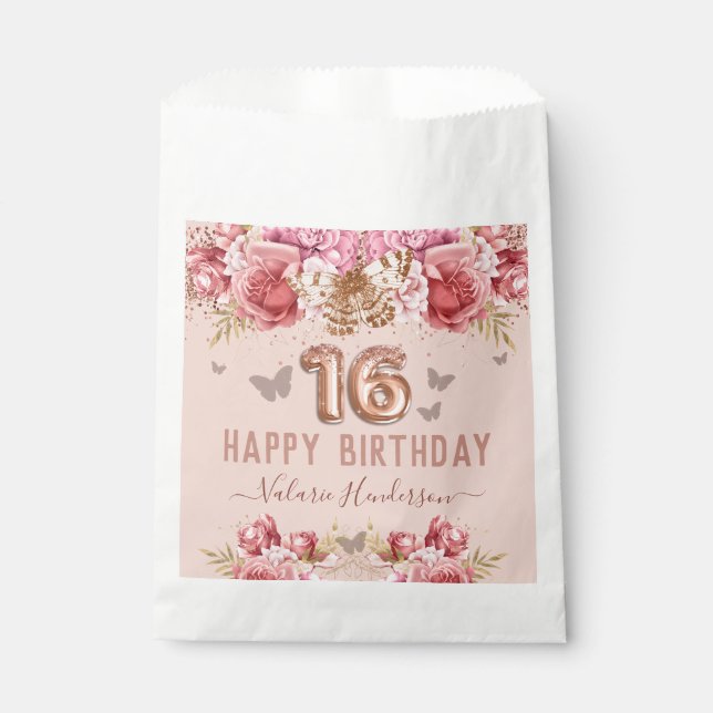 Floral Butterflies Pink Happy 16th Birthday Favour Bag (Front)