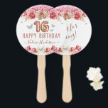 Floral Butterflies Pink Happy 16th Birthday Hand F Hand Fan<br><div class="desc">Girly glitter with fancy script name typography. Faux rose gold 16 balloon text. Pink Roses and butterfly top border. Great for Sweet 16 celebrations.</div>