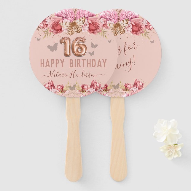 Floral Butterflies Pink Happy 16th Birthday Hand Fan (Front and Back)