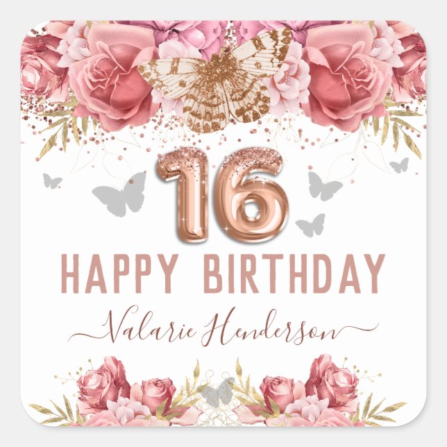 Floral Butterflies Pink Happy 16th Birthday Square Square Sticker (Front)