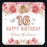 Floral Butterflies Pink Happy 16th Birthday Square Sticker<br><div class="desc">Girly glitter,  millennial pink background,  with fancy script name typography. Faux rose gold 16 balloon text. Pink Roses and butterfly top border. Great for Sweet 16 celebrations.</div>