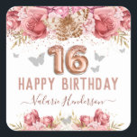 Floral Butterflies Pink Happy 16th Birthday Square Sticker<br><div class="desc">Girly glitter,  millennial pink background,  with fancy script name typography. Faux rose gold 16 balloon text. Pink Roses and butterfly top border. Great for Sweet 16 celebrations.</div>