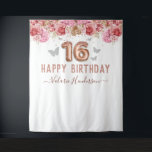 Floral Butterflies Pink Happy 16th Birthday Tapest Tapestry<br><div class="desc">Girly glitter with fancy script name typography. Faux rose gold 16 balloon text. Pink Roses and butterfly top border. Great for Sweet 16 celebrations.</div>