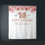 Floral Butterflies Pink Happy 16th Birthday Tapest Tapestry<br><div class="desc">Girly glitter with fancy script name typography. Faux rose gold 16 balloon text. Pink Roses and butterfly top border. Great for Sweet 16 celebrations.</div>