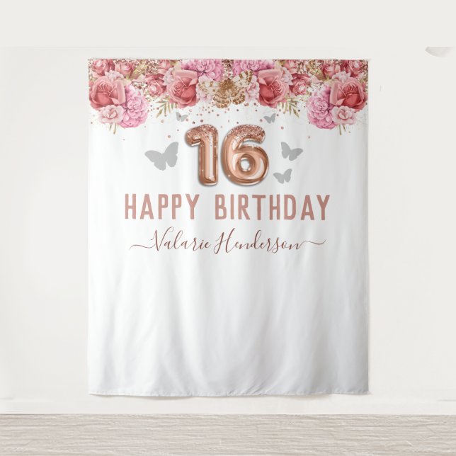 Floral Butterflies Pink Happy 16th Birthday Tapest Tapestry (Front)
