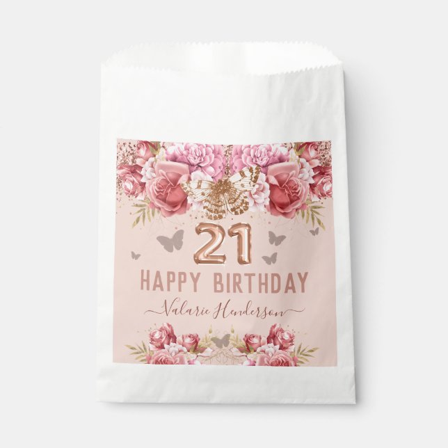 Floral Butterflies Pink Happy 21st Birthday Favour Bag (Front)