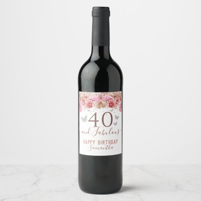 Floral Butterflies Pink Happy 40th Birthday Wine Label (Front)