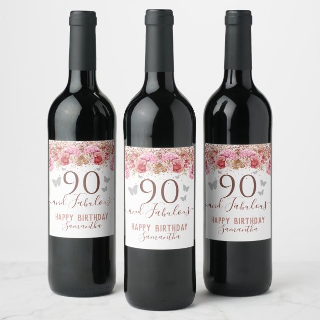 Floral Butterflies Pink Happy 90th Birthday Wine Label (Bottles)
