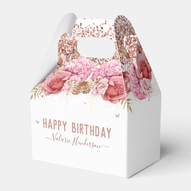 Floral Butterflies Pink Happy Birthday Favor Box (Front Side)