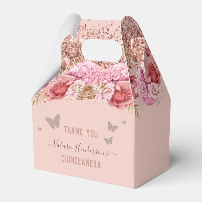 Floral Butterflies Pink Quinceañera Favor Box (Front Side)