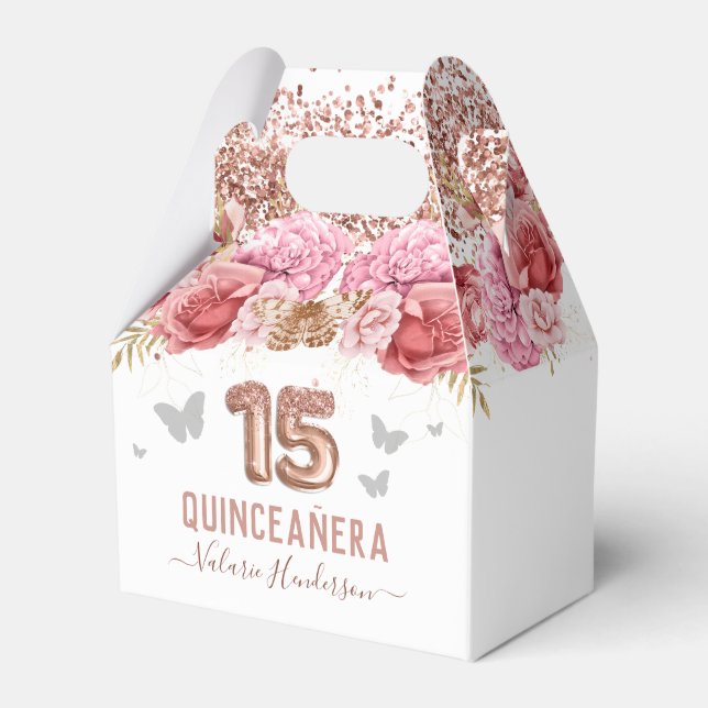 Floral Butterflies Pink Quinceañera Favor Box (Front Side)
