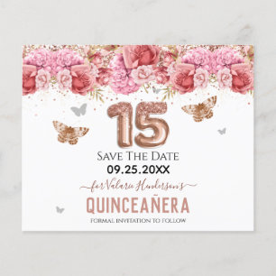 Floral Butterflies Pink Quinceañera Save the Date