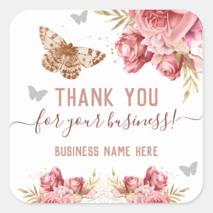 Floral Butterflies Pink Thank You Business Square Sticker