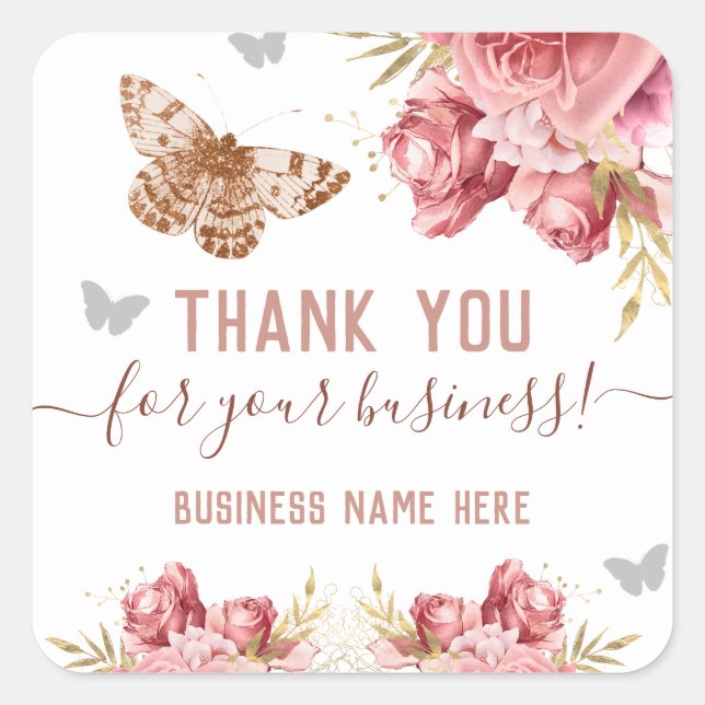 Floral Butterflies Pink Thank You Business Square Sticker (Front)