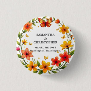 Floral Butterflies Wreath Wedding Custom Text 1 Inch Round Button