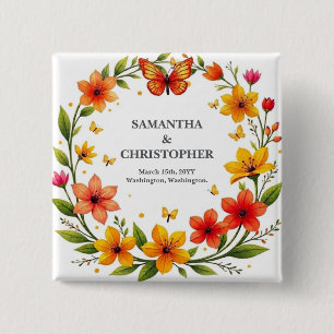 Floral Butterflies Wreath Wedding Custom Text 2 Inch Square Button