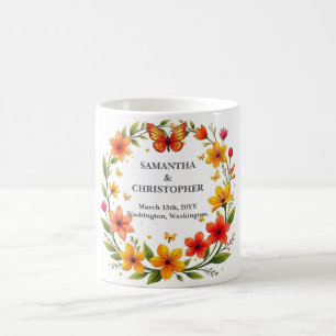 Floral Butterflies Wreath Wedding Custom Text Coffee Mug