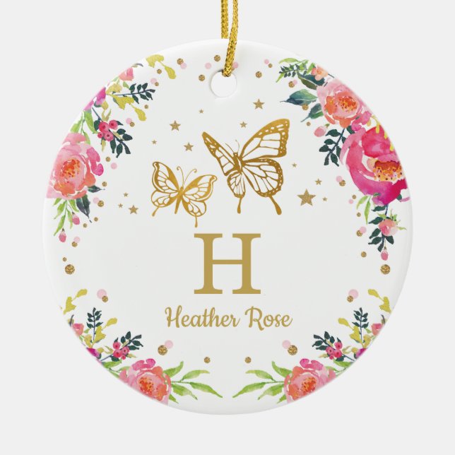 Floral Butterfly 1st First Christmas Photo Ceramic Ornament (Front)