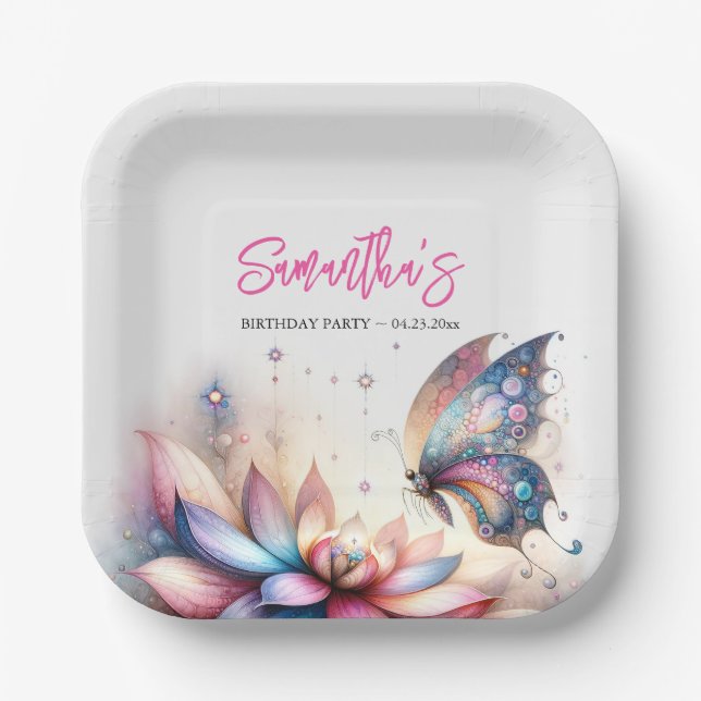 Floral Butterfly Birthday Disposable Paper Plate (Front)
