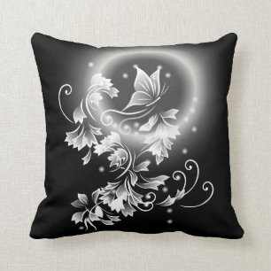Floral Butterfly Black And White Fantasy Throw Pillow