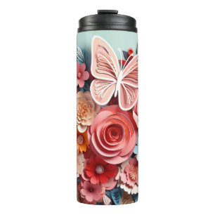 Floral & Butterfly - Blue - Slim Thermal Tumbler
