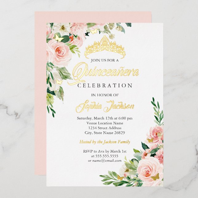 Floral Butterfly Blush Pink Gold Quinceanera  (Front/Back)