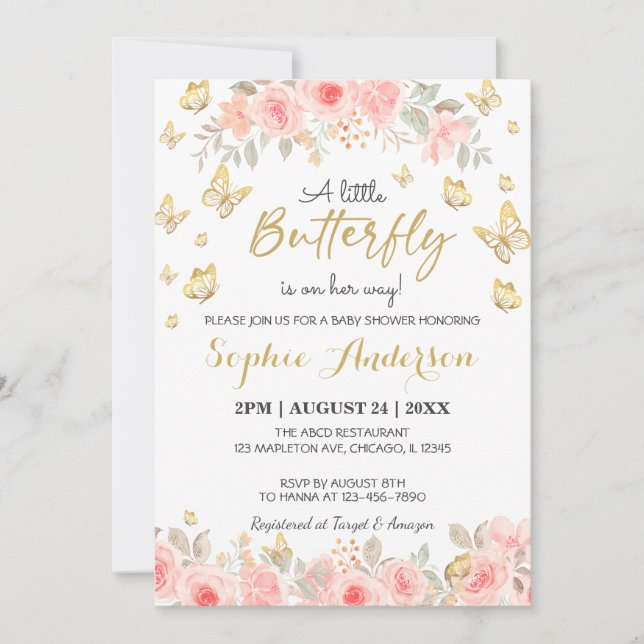 Floral Butterfly Blush Pink Rose Gold Baby Shower Invitation (Front)