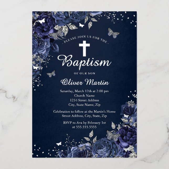 Floral Butterfly Boy Silver Navy Blue Baptism  (Front)