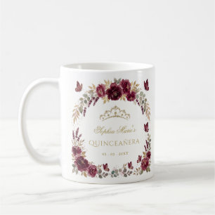 Floral Butterfly Burgundy Gold Tiara Quinceañera Coffee Mug
