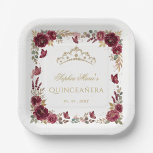 Floral Butterfly Burgundy Gold Tiara Quinceañera Paper Plate
