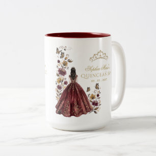 Floral Butterfly Burgundy Gold Tiara Quinceañera Two-Tone Coffee Mug