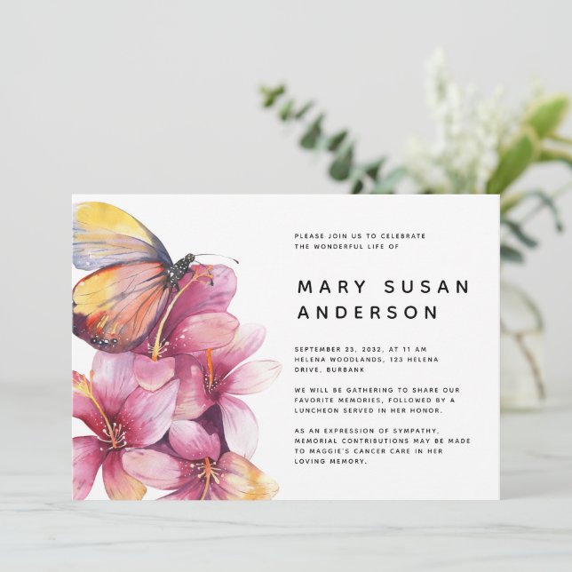 Floral Butterfly Celebration of Life Memorial Invitation (Standing Front)