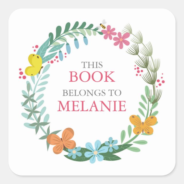 Floral Butterfly Colorful Wreath Bookplate Sticker (Front)