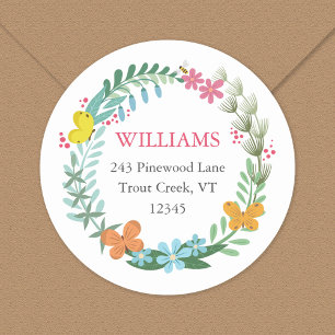 Floral Butterfly Colorful Wreath Return Address Classic Round Sticker