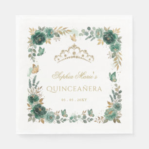 Floral Butterfly  Emerald Gold Tiara Quinceañera Napkin