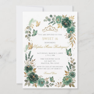 Floral Butterfly Emerald Gold Tiara Sweet 16 Invitation
