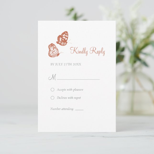 Floral Butterfly Garden Terracotta Boho Wedding  RSVP Card (Standing Front)