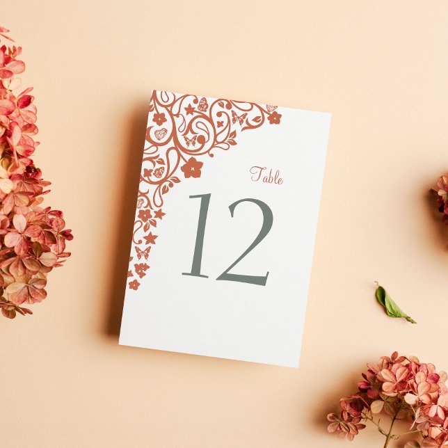 Floral Butterfly Garden Terracotta Wedding Table Number (Creator Uploaded)