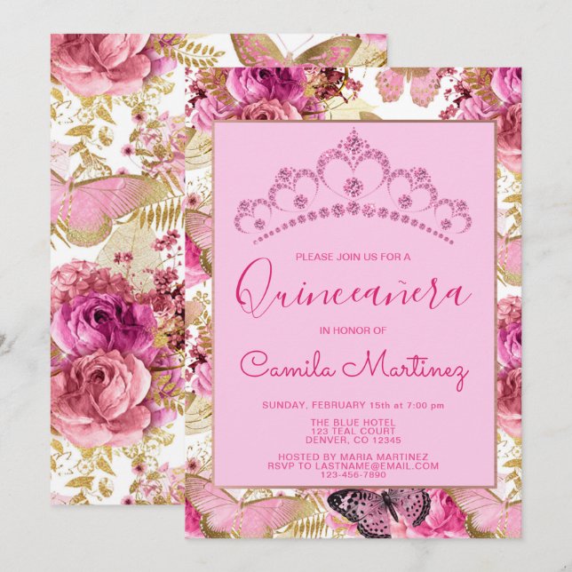 Floral Butterfly Girly Pattern Quinceanera Party Invitation (Front/Back)