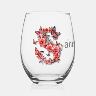 Floral & Butterfly Monogram Stemless Wine Glass